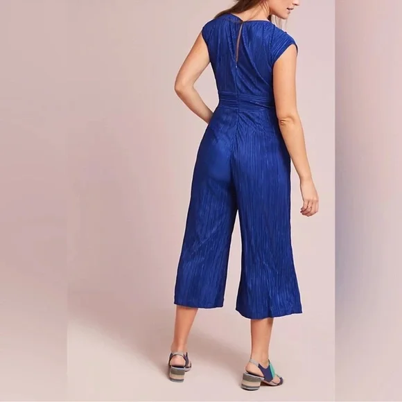 NWT Anthropologie Maeve Sonata Textured Pleated Blue Wide Leg Jumpsuit - Picture 2 of 10